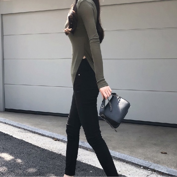 Sexy top long sleeve t-shirt basic slit sheer army green black white - Picture 8 of 16